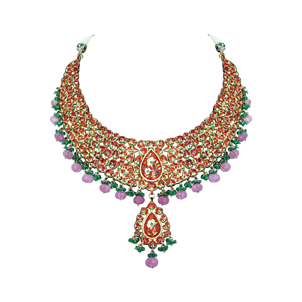 Polki Diamond Necklace Set with Green Stone and Pink Beads
